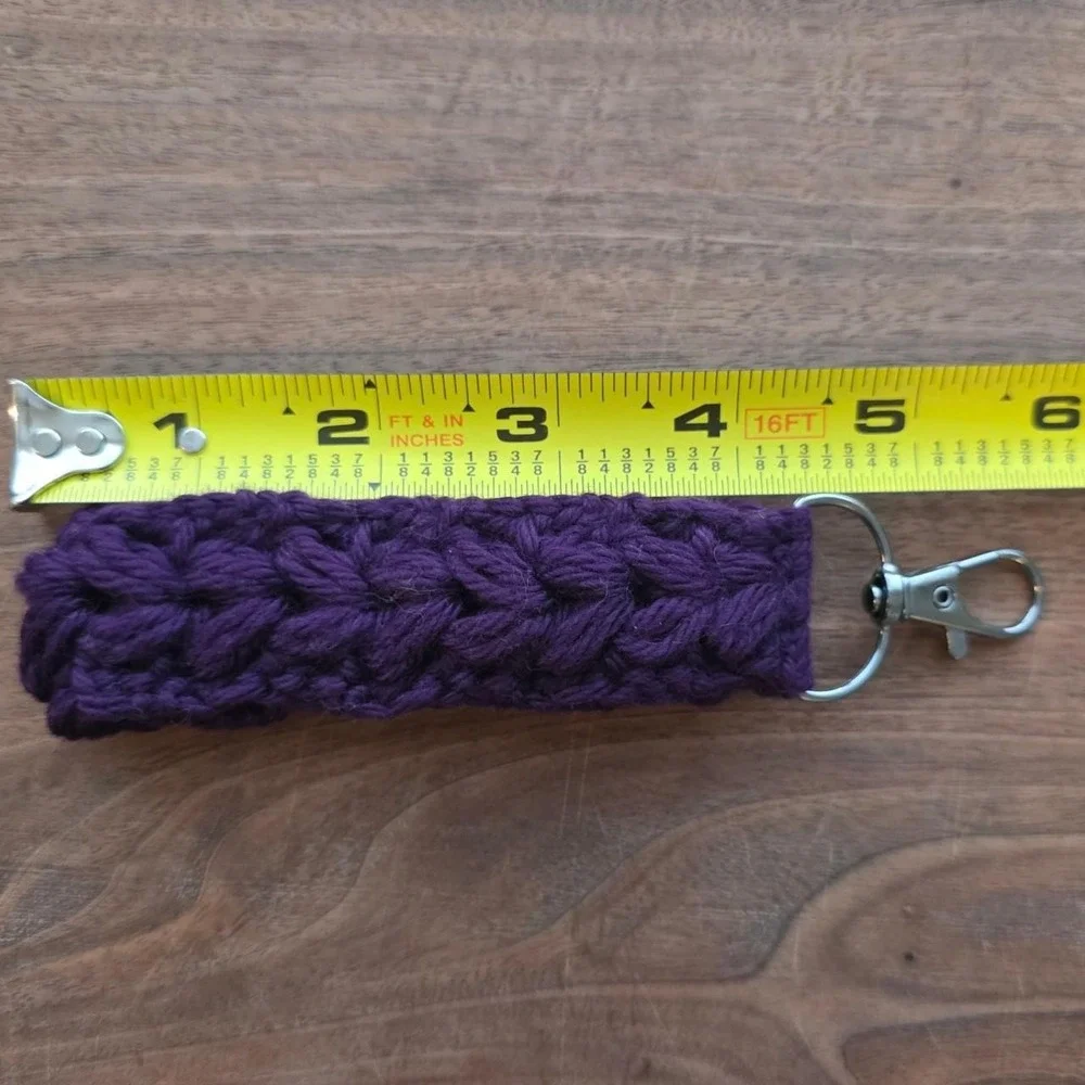 Handmade Purple Crochet Wristlet Key Fob Lanyard Floral Puff Gunmetal Clasp